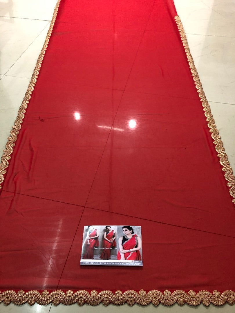 Red georgette designer fancy thread and dori worked partywear saree