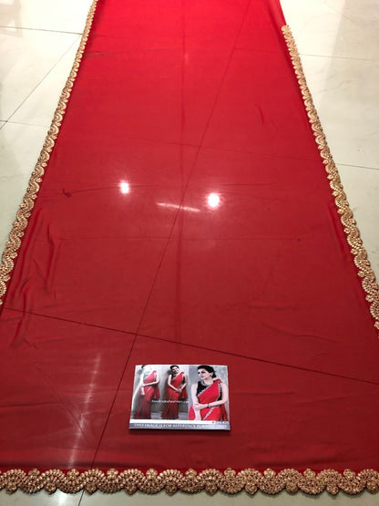 Red georgette designer fancy thread and dori worked partywear saree
