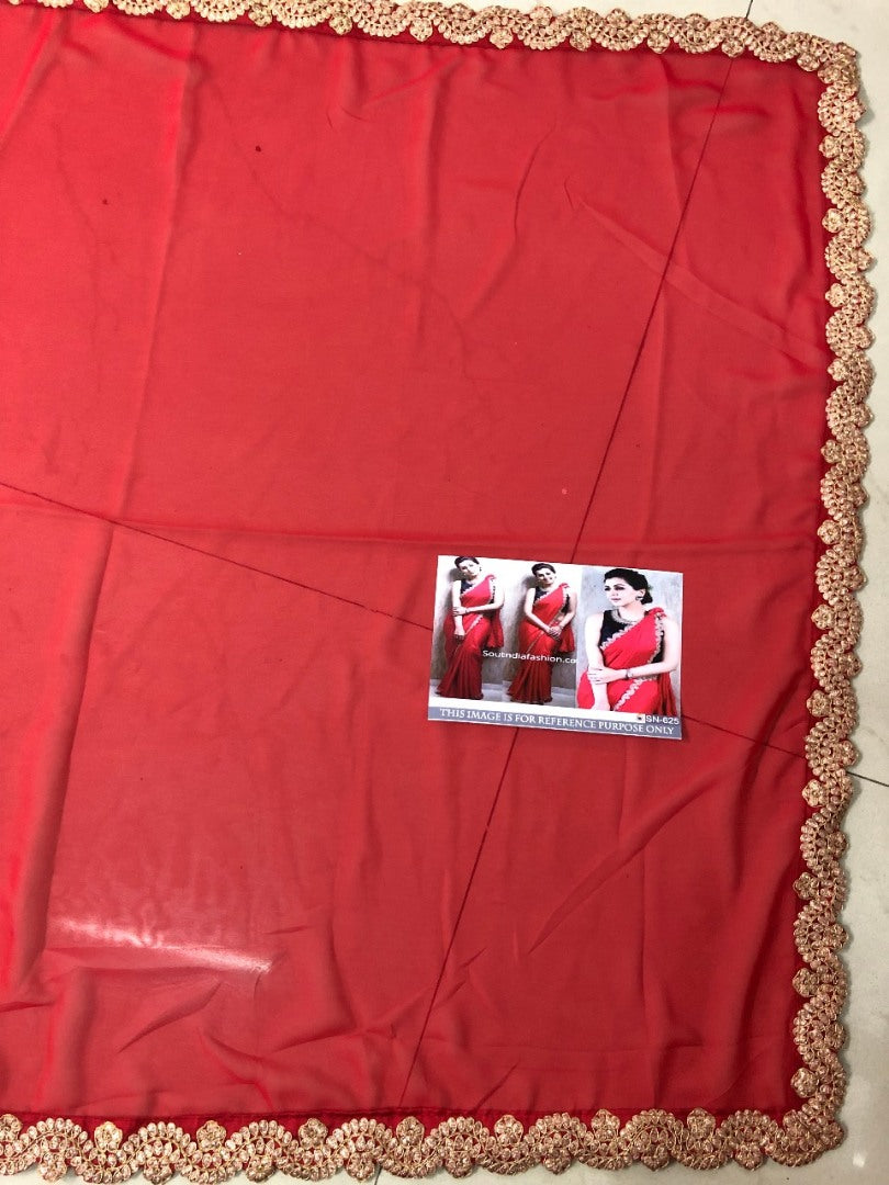 Red georgette designer fancy thread and dori worked partywear saree