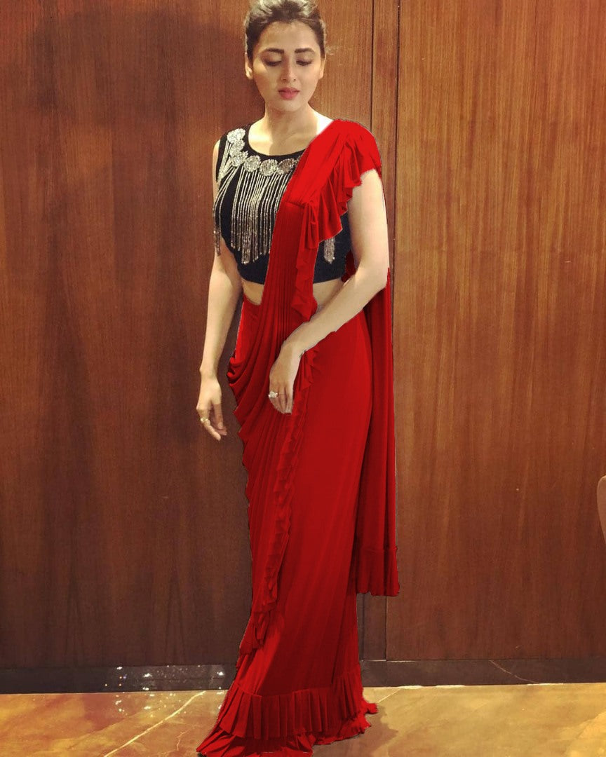 Red georgette designer ruffle saree with handwork blouse