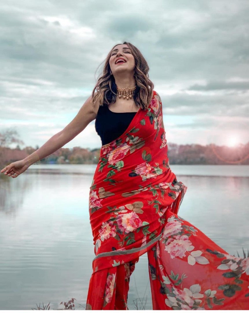 Red georgette digital floral printed partywear saree