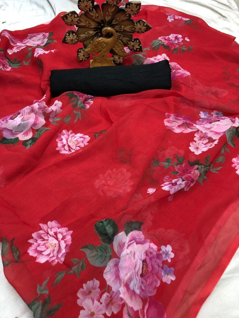 Red georgette digital floral printed partywear saree