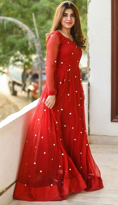 Red georgette dimond embellish gown