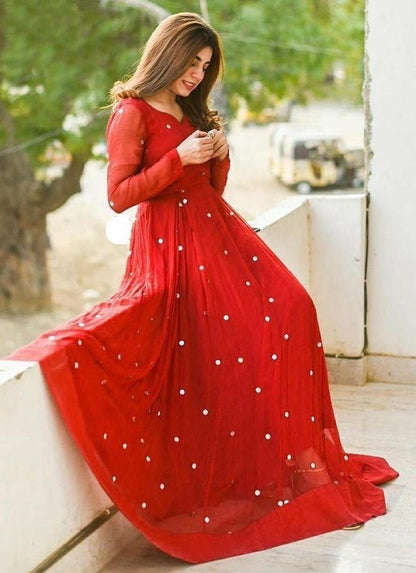 Red georgette dimond embellish gown
