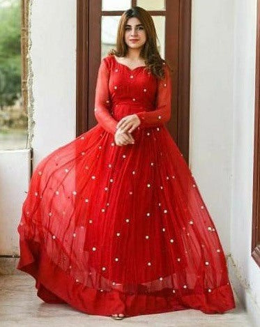Red georgette dimond embellish gown