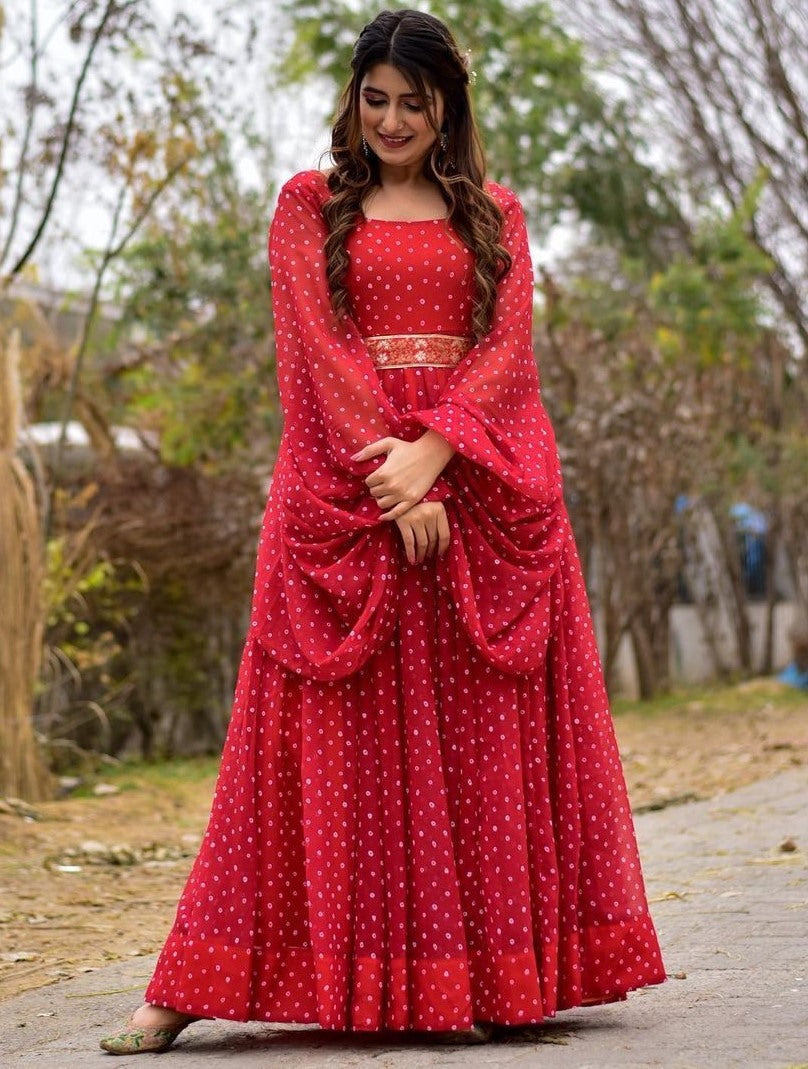 Red georgette dot printed gown