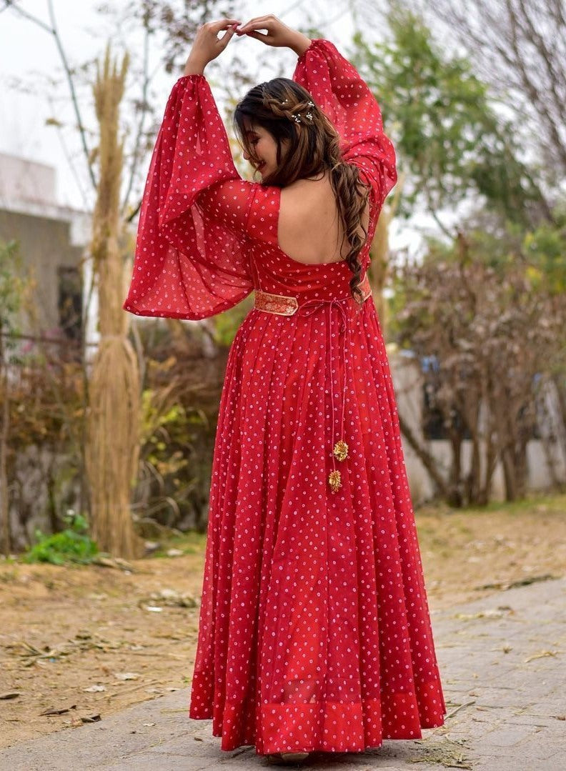 Red georgette dot printed gown