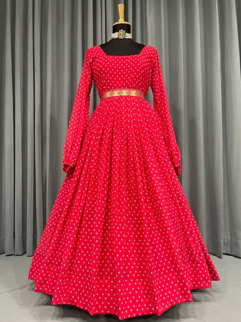 Red georgette dot printed gown