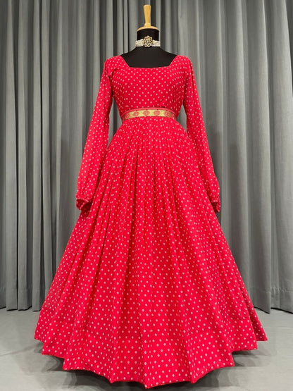 Red georgette dot printed gown