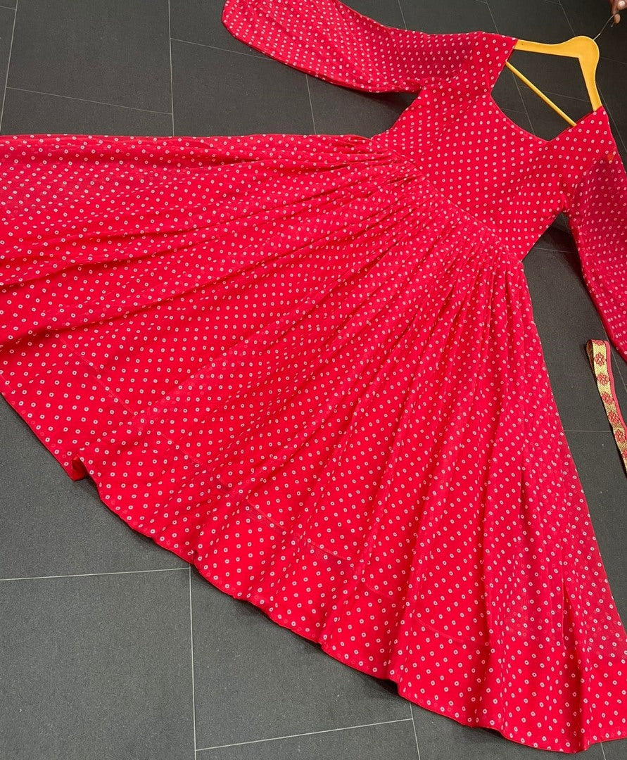 Red georgette dot printed gown