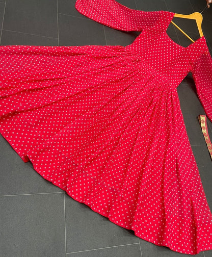 Red georgette dot printed gown