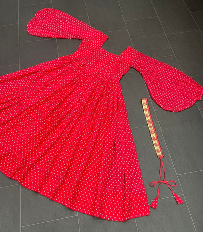 Red georgette dot printed gown