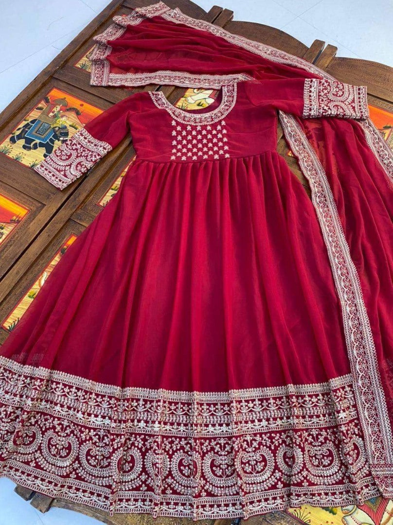 Red georgette embroidered anarkali suit