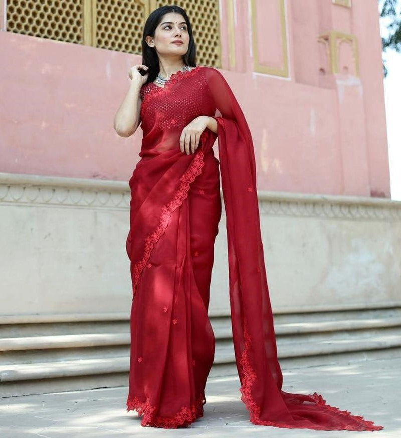 Red georgette embroidered ceremonial saree