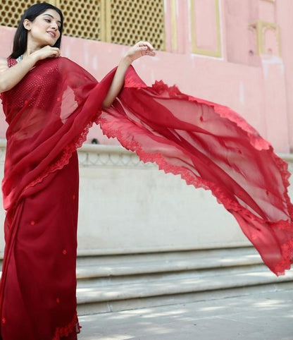 Red georgette embroidered ceremonial saree