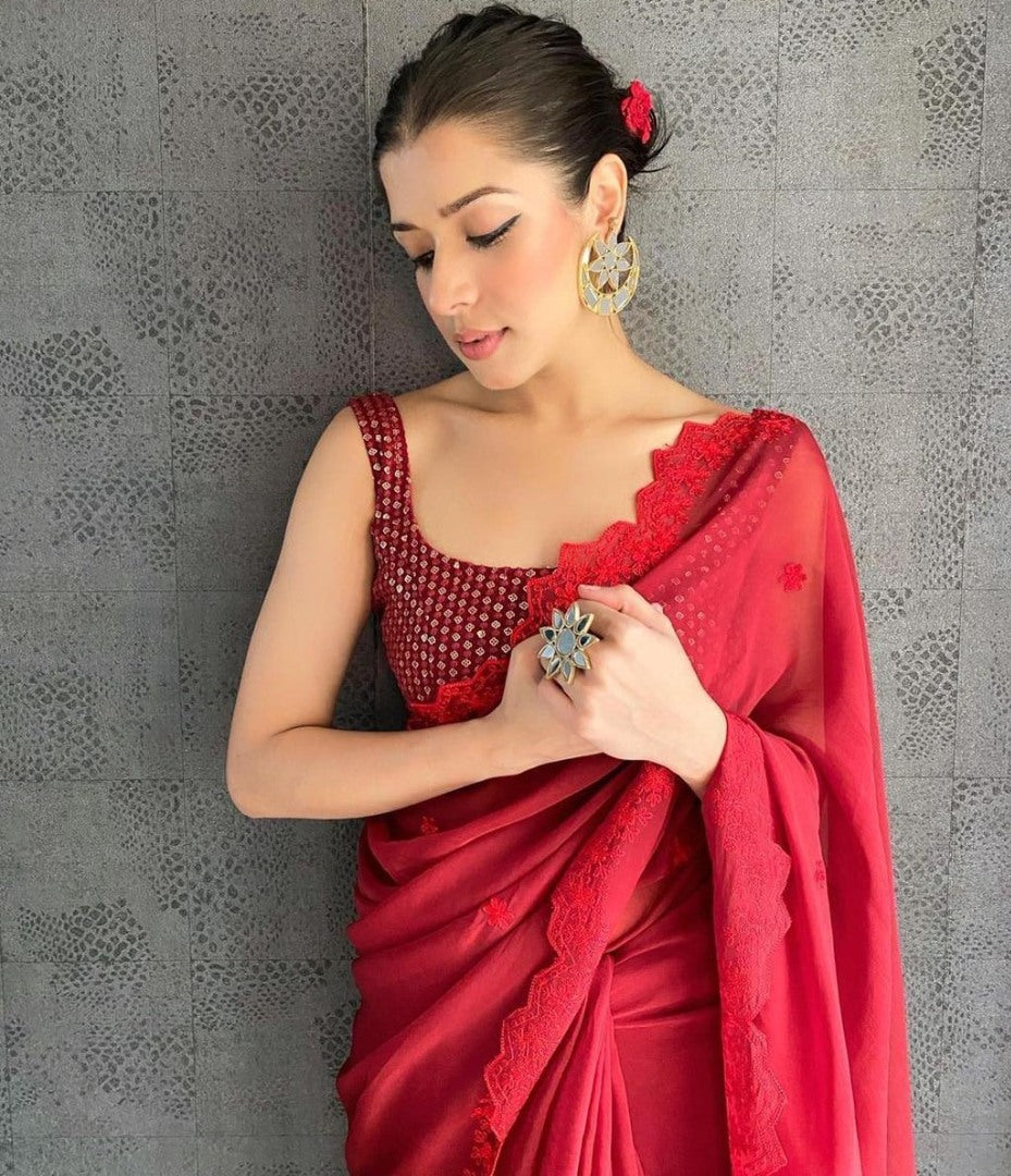 Red georgette embroidered ceremonial saree