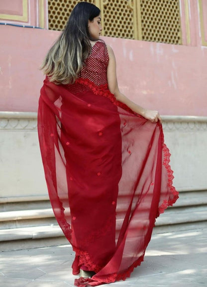 Red georgette embroidered ceremonial saree