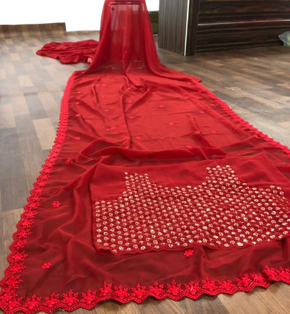 Red georgette embroidered ceremonial saree