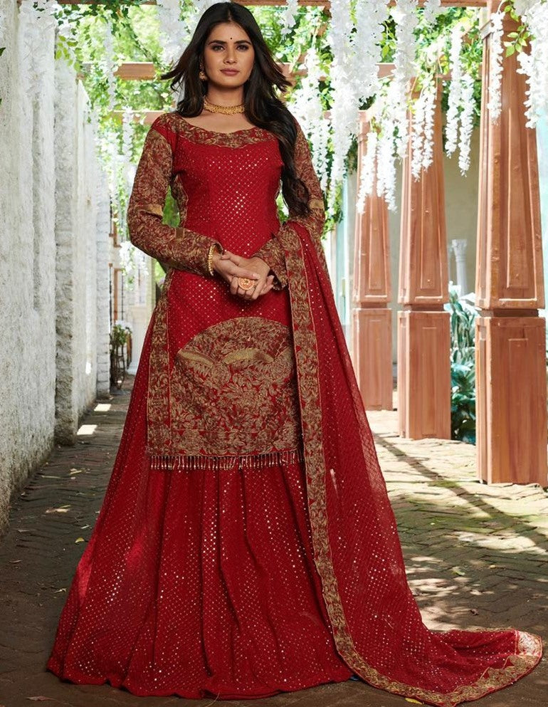 Red georgette embroidered cording with sequence work lehenga choli