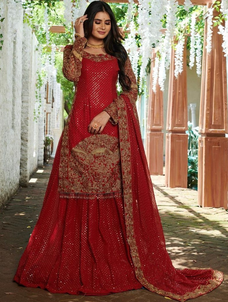 Red georgette embroidered cording with sequence work lehenga choli