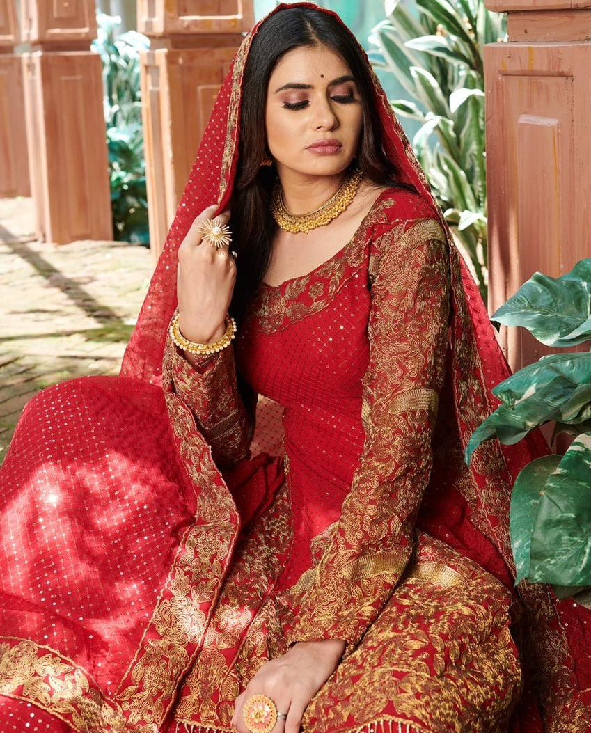 Red georgette embroidered cording with sequence work lehenga choli