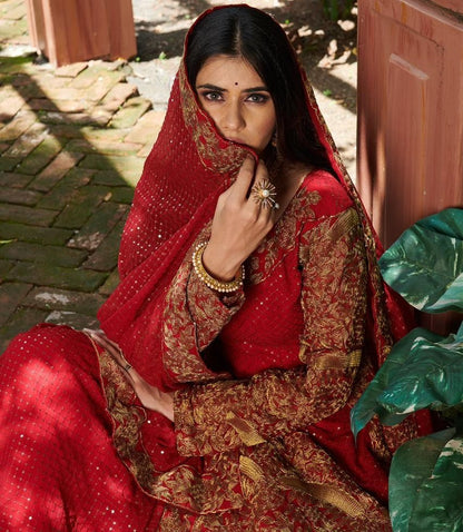 Red georgette embroidered cording with sequence work lehenga choli
