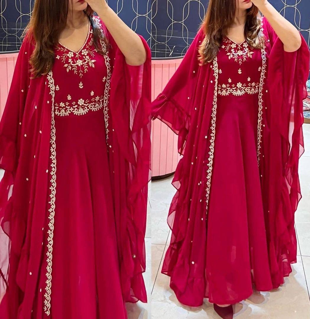 Red georgette embroidered indowestern gown