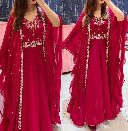 Red georgette embroidered indowestern gown