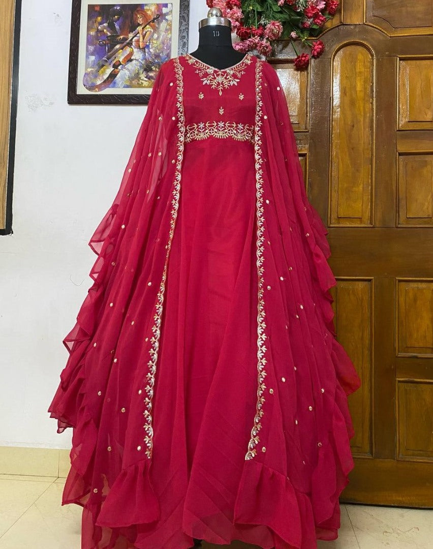 Red georgette embroidered indowestern gown