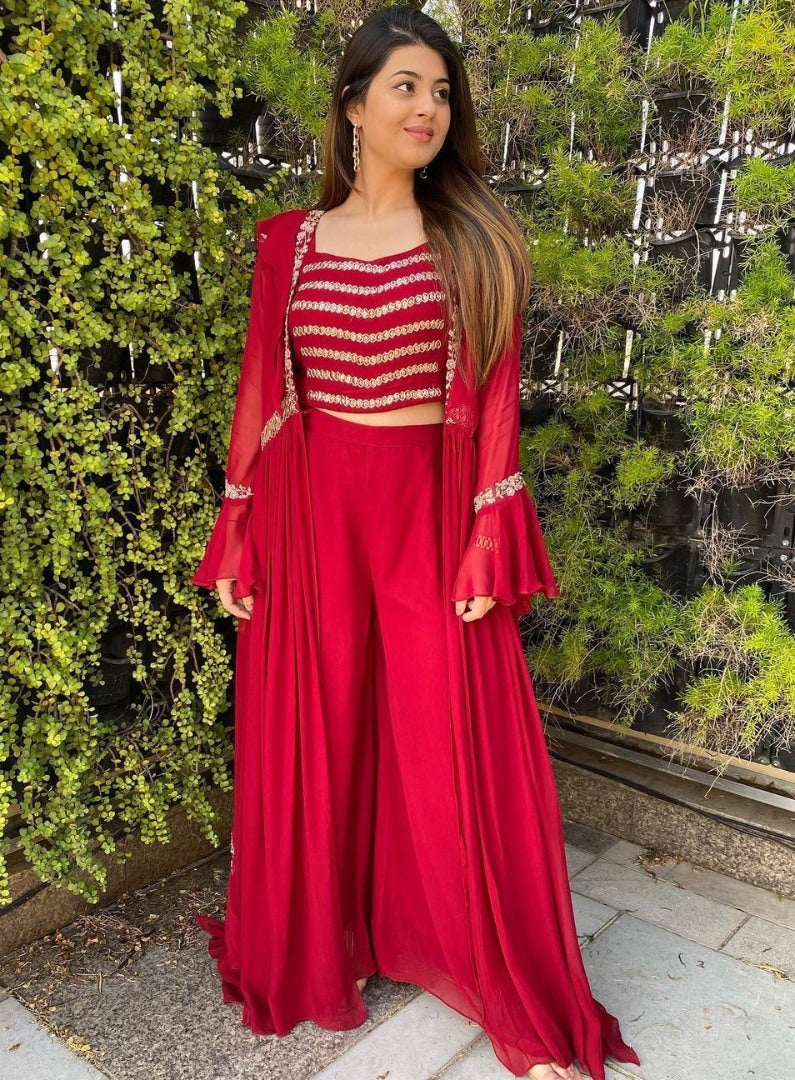 Red georgette embroidered indowestern partywear plazzo suit with shrug