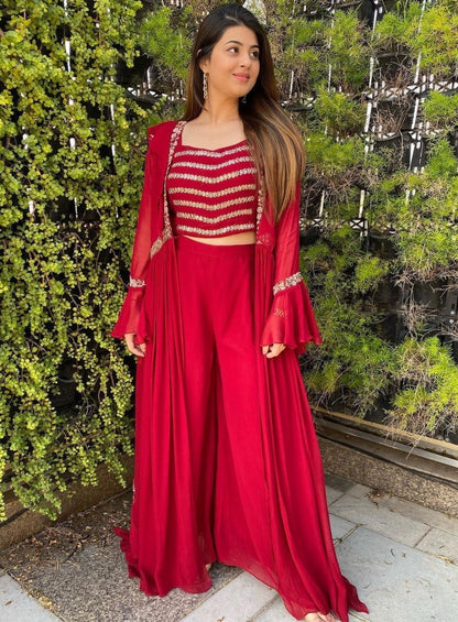 Red georgette embroidered indowestern partywear plazzo suit with shrug