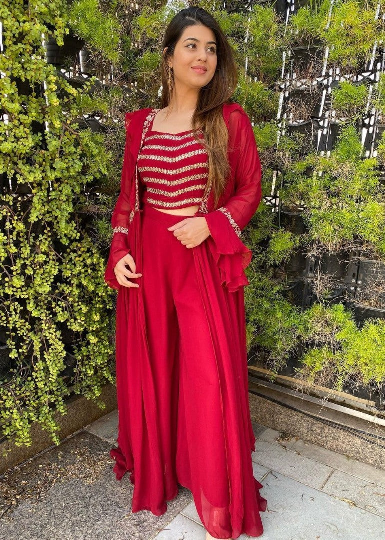Red georgette embroidered indowestern partywear plazzo suit with shrug