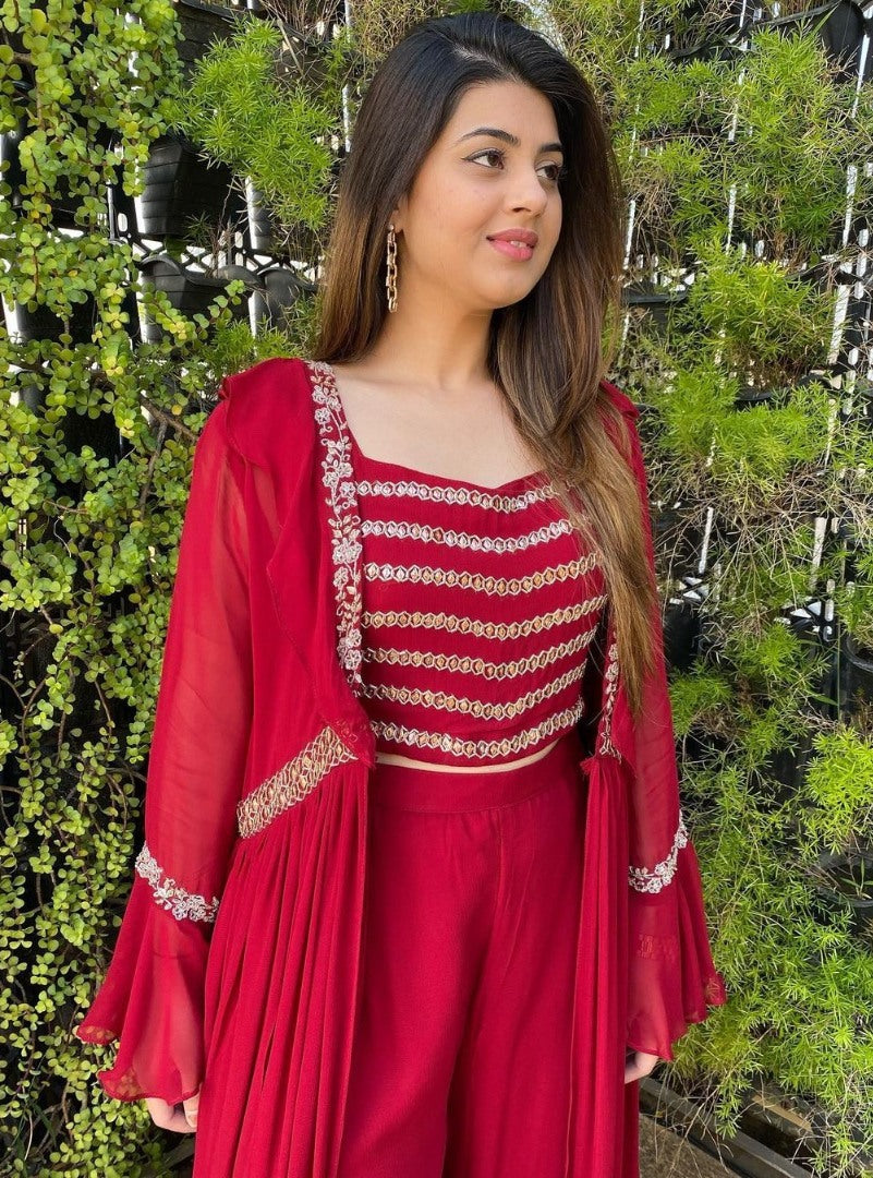 Red georgette embroidered indowestern partywear plazzo suit with shrug