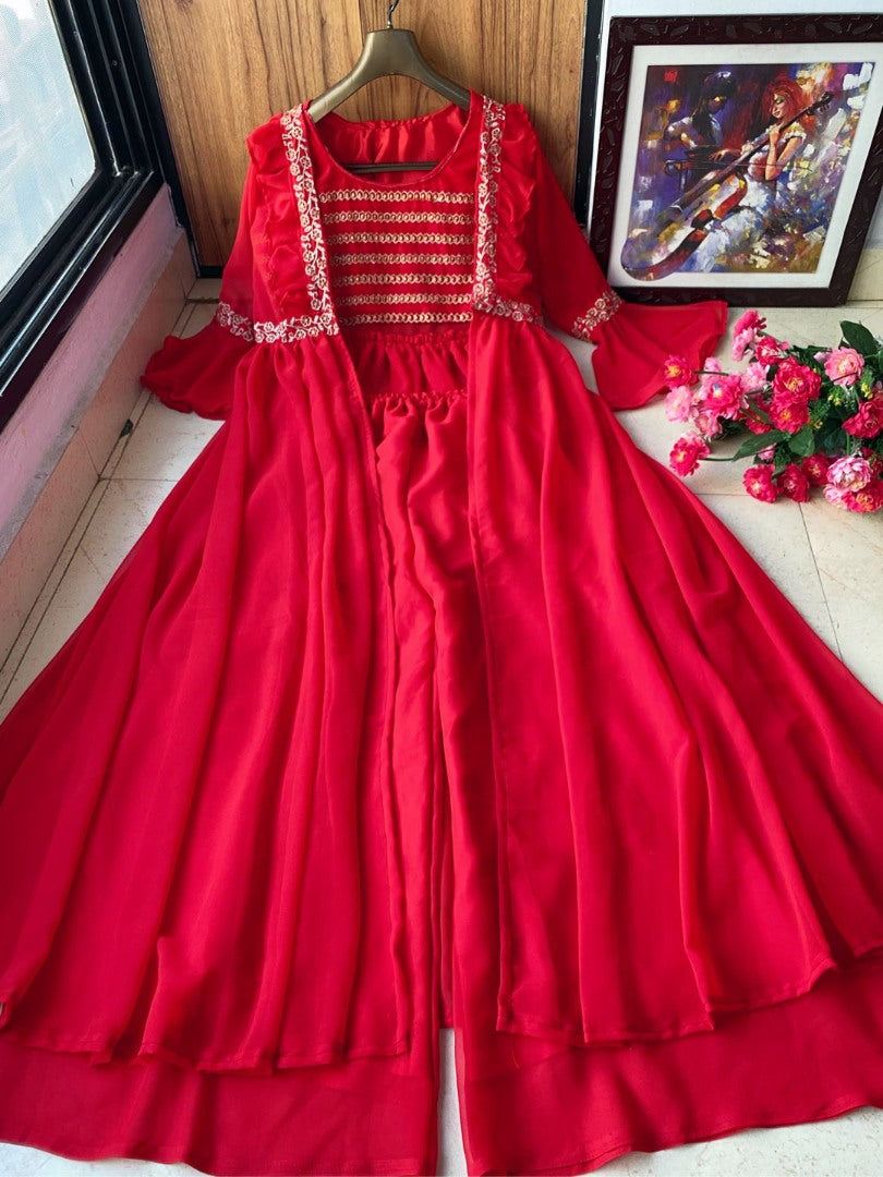 Red georgette embroidered indowestern partywear plazzo suit with shrug