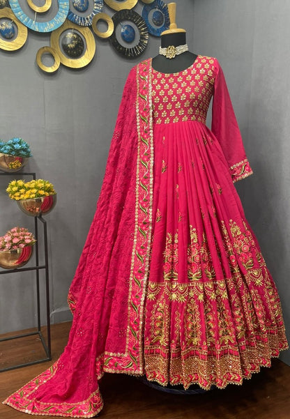 Red georgette embroidered long anarkali suit