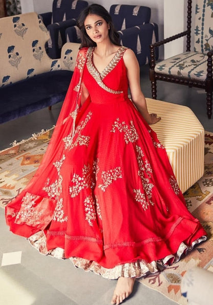 Red georgette embroidered long ethnic gown