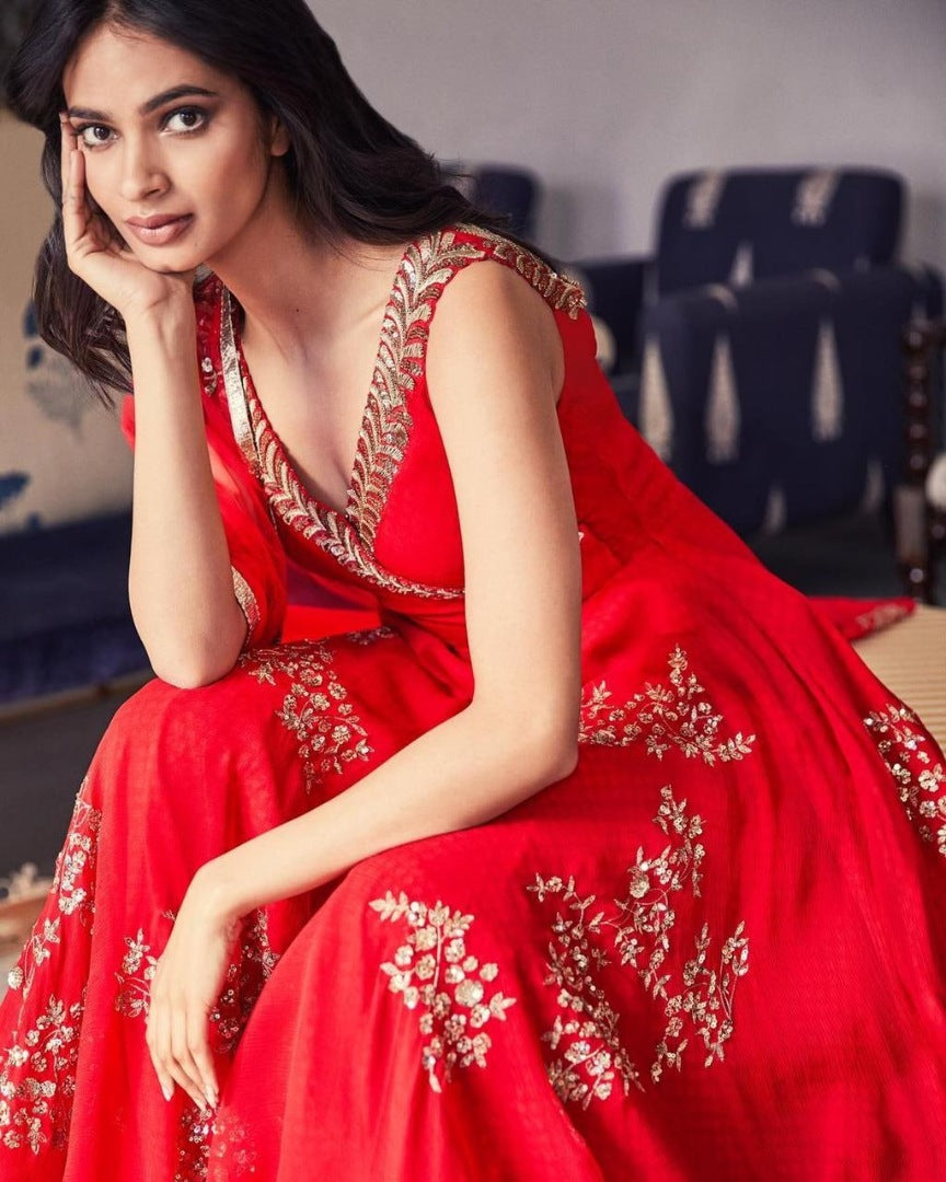 Red georgette embroidered long ethnic gown