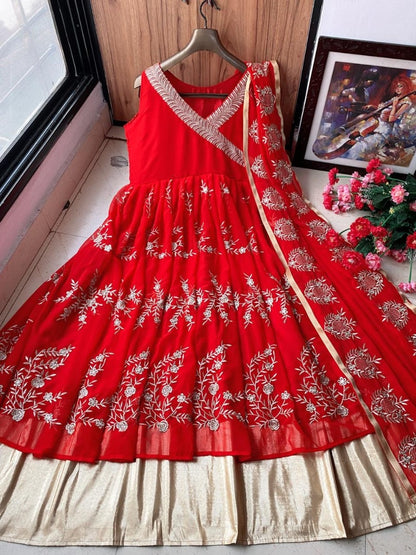 Red georgette embroidered long ethnic gown