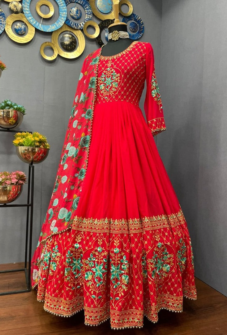 Red georgette embroidered long gown with printed dupatta