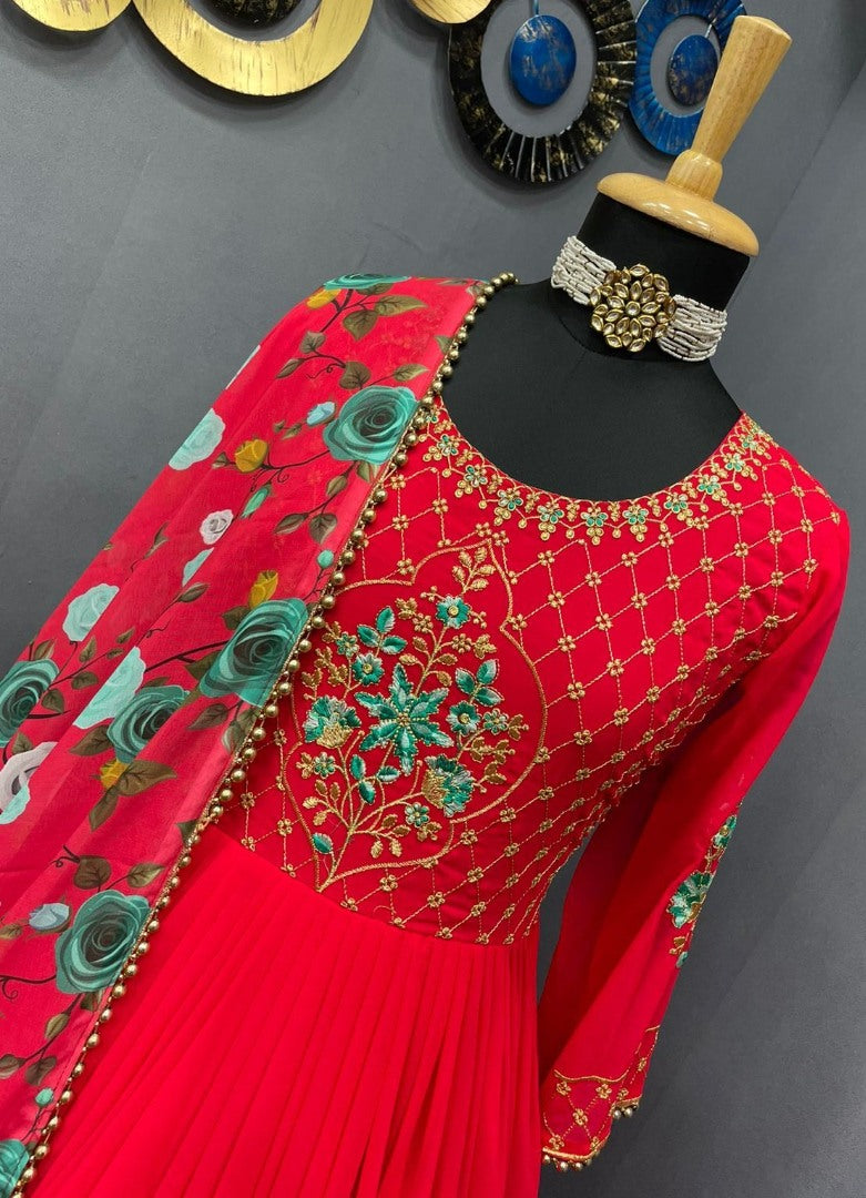 Red georgette embroidered long gown with printed dupatta
