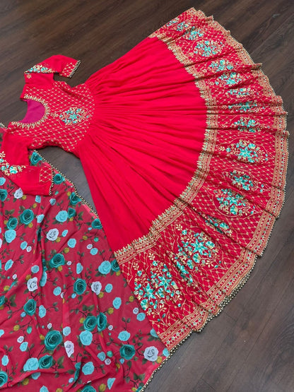 Red georgette embroidered long gown with printed dupatta