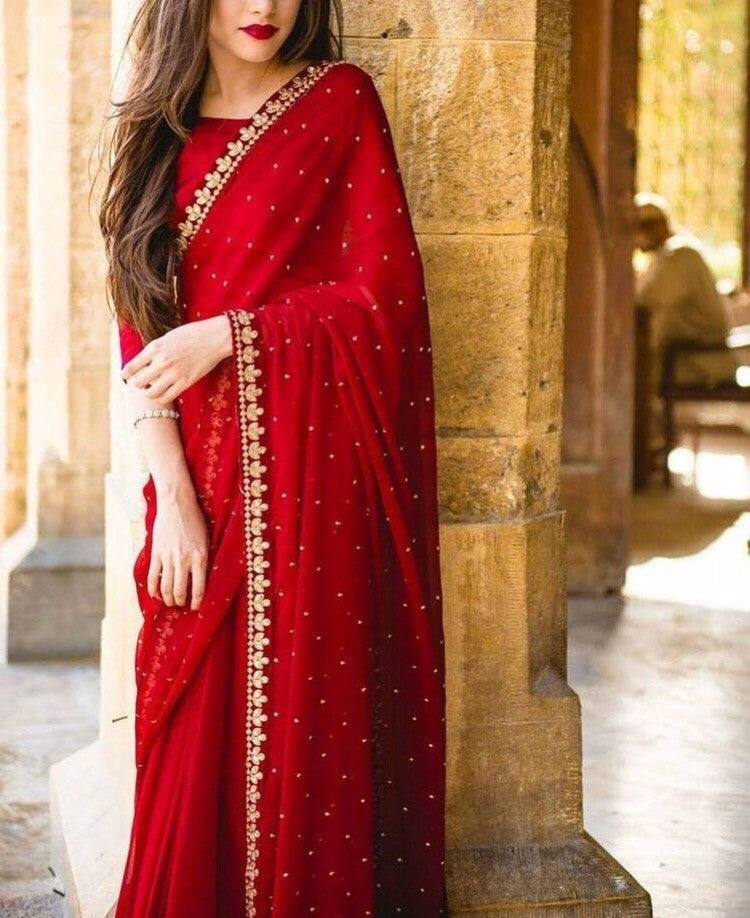red georgette embroidered partywear saree