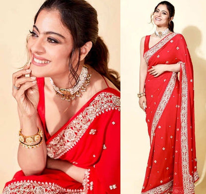 Red georgette embroidered partywear saree