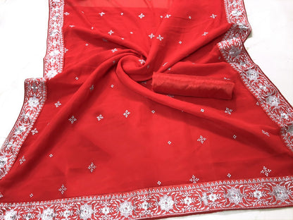 Red georgette embroidered partywear saree