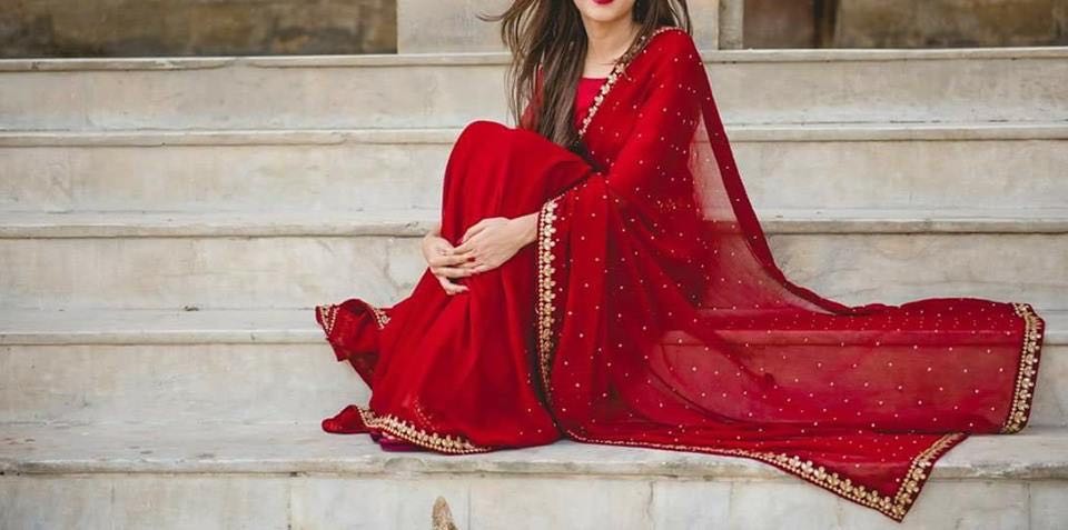 red georgette embroidered partywear saree