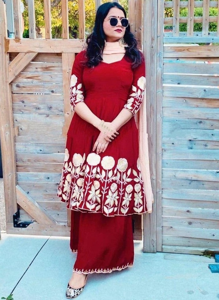 Red georgette embroidered plazzo suit