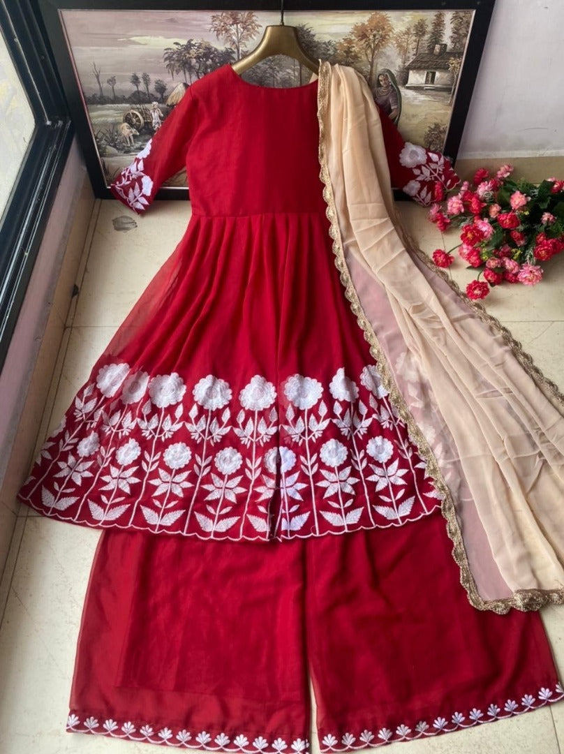 Red georgette embroidered plazzo suit