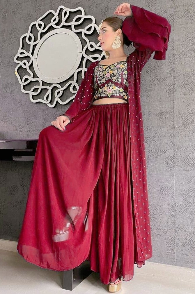 Red georgette embroidered plazzo suit with shrug