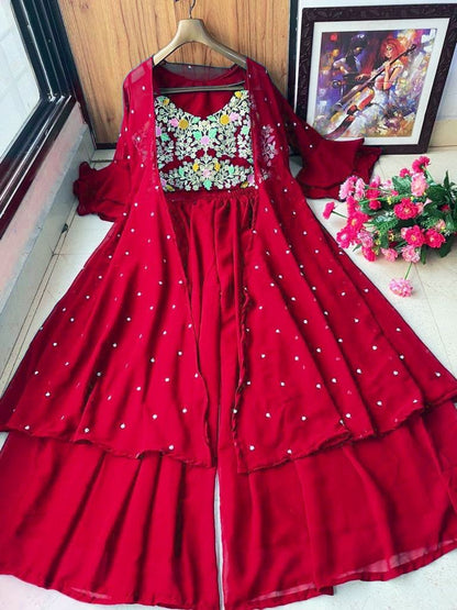 Red georgette embroidered plazzo suit with shrug