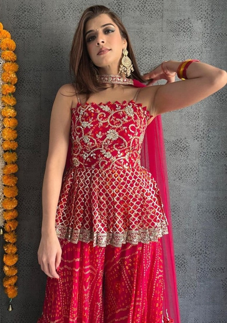 Red georgette embroidered printed sharara suit